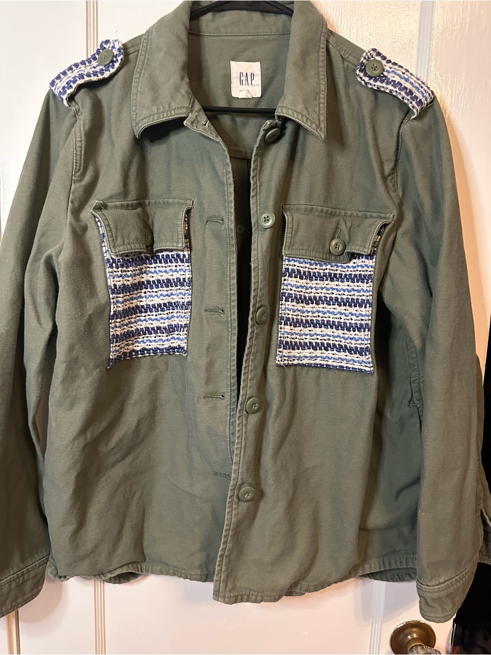 GAP Olive Green Utility Jacket with Blue & White Patch Pockets
